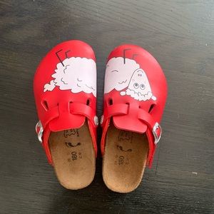 Unisex Birkenstocks Red Leather Mules with Little Lamb Graphic